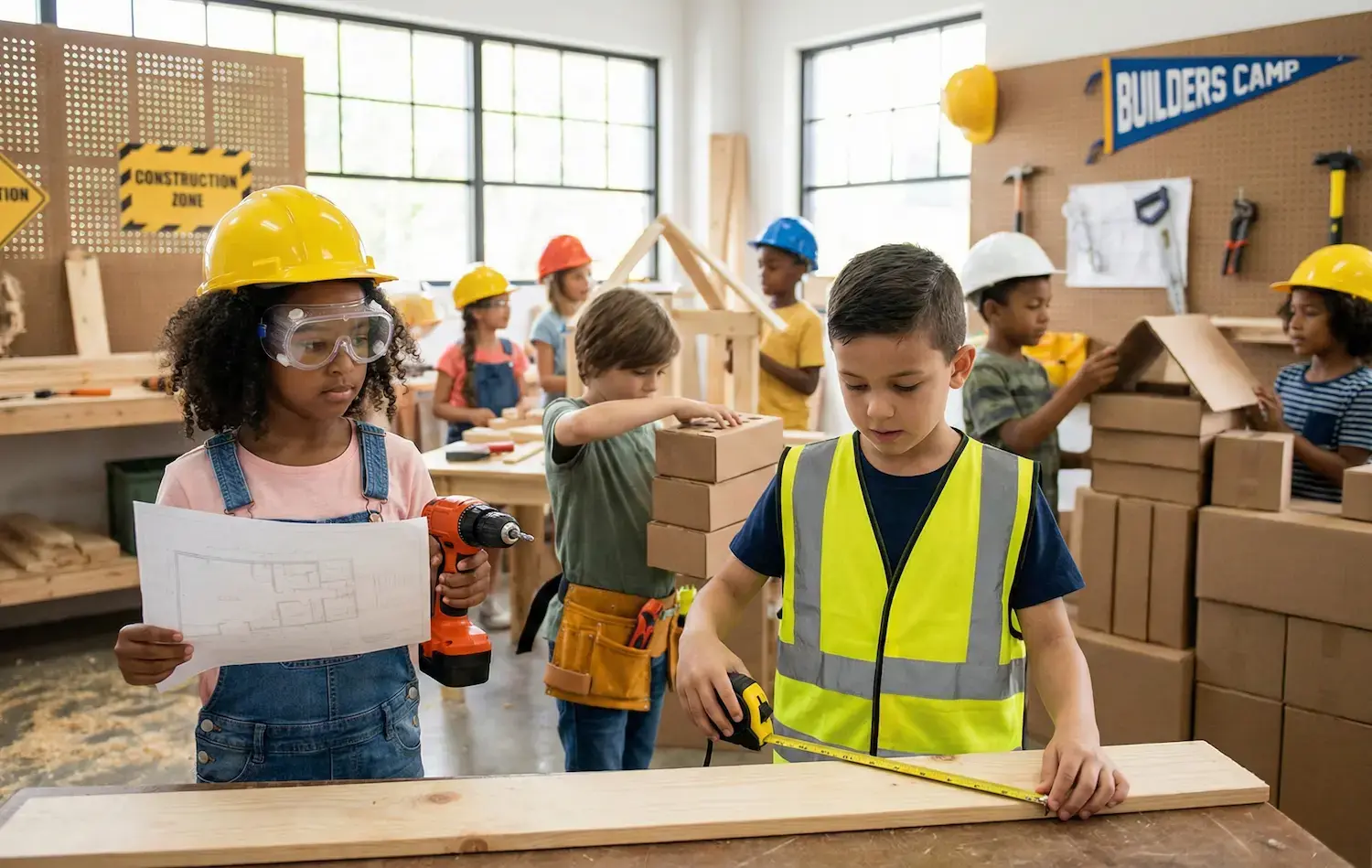 Kids constructing projects while wearing vests