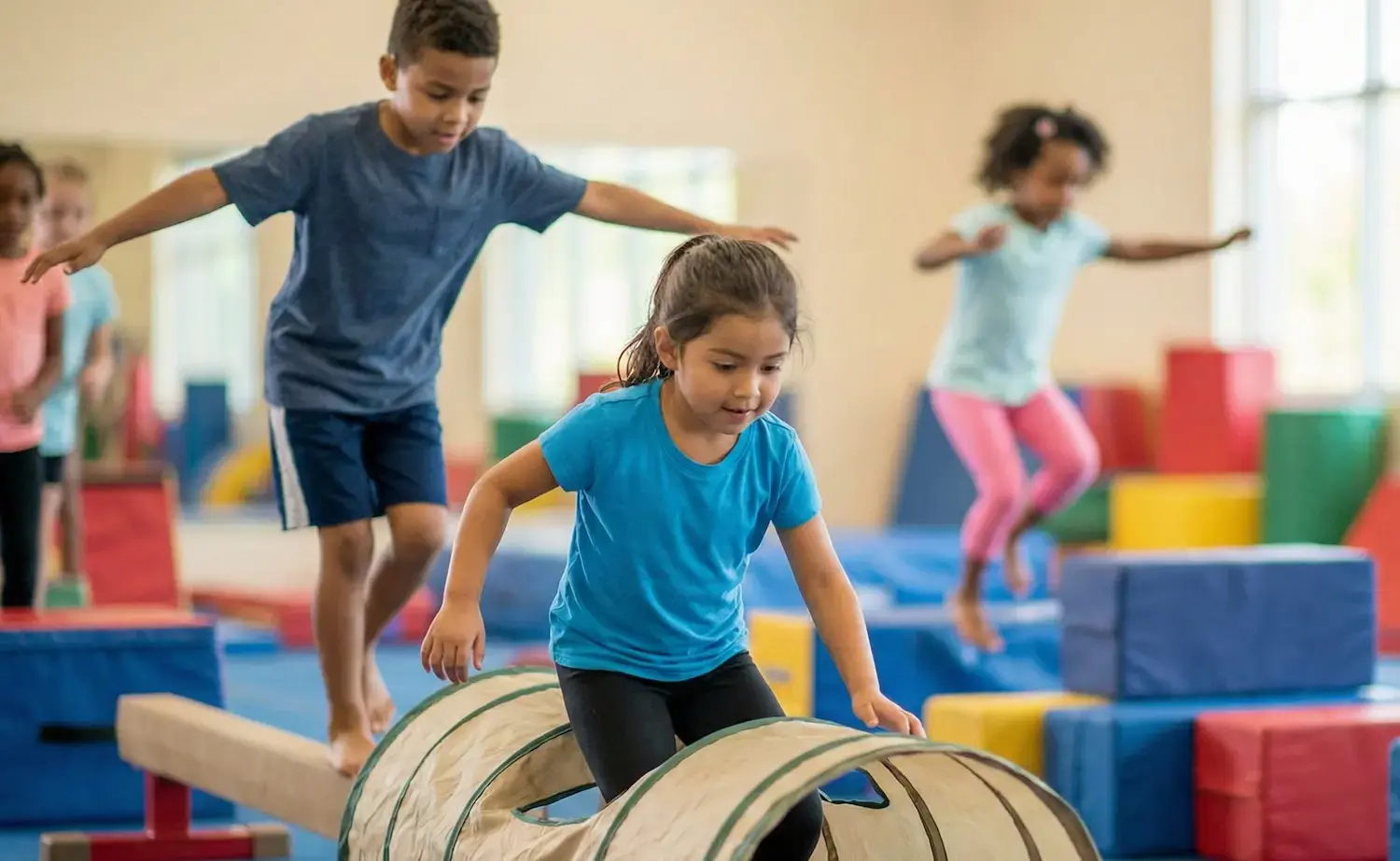 Kids playing together during a camp relay